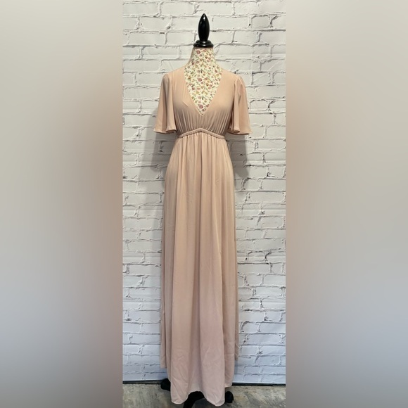 Show me your MUMU Emily Empire Maxi Dress in soft beige chiffon NWT Size Small - Picture 4 of 8